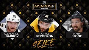 The winner is selected by a poll of the professional hockey writers' association following the regular season. Aleksander Barkov Patrice Bergeron And Mark Stone Named Finalists For Selke Trophy Nova Caps