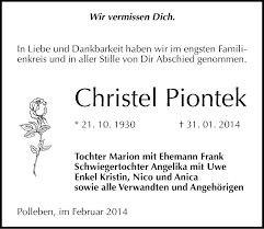 Traueranzeigen von Christel Piontek
