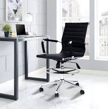 Office Chair Ribbed Mid Back With Wheels And Arms With Chrome Foot Rest Chair Foot Rest Leather Upholstery