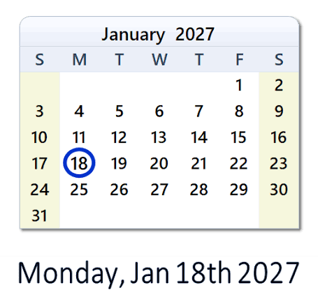 January 18, 2027 Calendar with Holidays & Count Down - USA