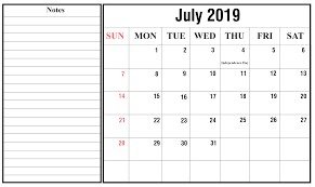 July Calendar 2019 With Notes Printable Calendar July July Calendar Monthly Calendar Printable