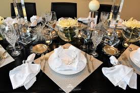 Marie decorated all the chairs with ribbon and greenery. Silver And White New Year S Eve Table Setting Home With Holliday