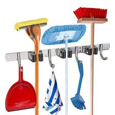 Mop And Broom Holder Wall Mount 17 Stainless Steel Broom Hanger With 3 Unit Clamps And 4 Utility Hooks 2020 Version In 2020 Broom Holder Utility Hooks Mops And Brooms