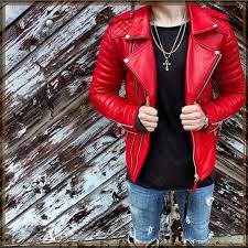 Men S Genuine Lambskin Real Leather Jacket Red Slim Fit Biker Motorcycle J01 Leather Jacket Men Style Jackets Men Fashion Real Leather Jacket