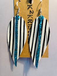 Black and White Striped Feather Fringe Earrings With Sequin Embellishment