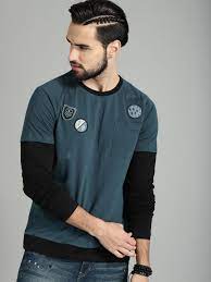 Roadster Blue Black Cotton Round Neck T Shirt Blue Fullsleeve Cotton Colorblock Long Sleeve Tshirt Men T Shirt Shirts