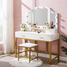 Long mirror for girls room. Everly Quinn 47 Large Vanity Set With Tri Folding Lighted Mirror Elegant Makeup Table Vanity Dresser With 4 Drawers 10 Led Lights And Cushioned Stool Dressing Table For Girls Bedroom Wayfair