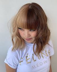 Color melting hair idea for girls. Shorthairgirls Shorthair Bangs Layershaircut Halfhalf Halfhalfhair Brownhair Brunette Blonde Brown Blonde Hair Split Dyed Hair Hair Inspo Color