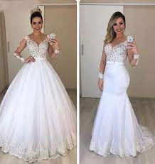Long Sleeve Wedding Dresses Detachable Skirt Bridal Gown Lace Tulle White Ivory Ebay In 2021 Detachable Wedding Dress Wedding Dress Detachable Skirt Ball Gowns Wedding