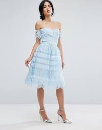 Chi Chi London Off Shoulder Light Blue Midi Dress In Paneled Lace Knee Hem Light Blue Midi Dress Light Blue Lace Dress Lace Blue Dress