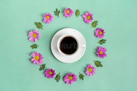 Buy floral mugs coffee and get the best deals at the lowest prices on ebay! White Cup With Americano Coffee And Round Floral Frame Of Pink Chrysanthemum Flowers On Mint Green Background Stock Image Image Of Circle Bouquet 160932795