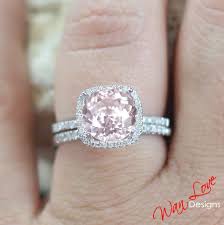 Pale Pink Sapphire Diamond Halo Engagement Ring Set Band Cushion 2ct 8mm White Yellow Rose Gold Cust Halo Engagement Ring Sets Pink Sapphire Ring Pink Sapphire