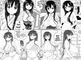 iwato kasumi, saki, highres, official art, 1girl, bikini, breast expansion,  breasts, compilation, female focus, hair censor, huge breasts, japanese  clothes, kimono, kneehighs, large breasts, long hair, manga page,  monochrome, nude, progression, sequential,