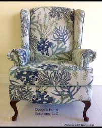 Upholstered Wing Back Chair In Coastal Fabric This Chair Has Been Sold But I Can Customize Another Upholstered Chairs Chair Fabric Upholstered Swivel Chairs