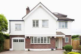 External Remodelling To Traditional Detached Property Painted White Render Timber Garage Doors Paint 1930s House Exterior Garage Door Design Facade House