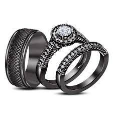 His And Hers 925 Sterling Silver Halo Engagement Wedding 3 Piece Trio Rings Set Black Wedding Rings Rose Gold Diamond Ring Engagement Wedding Ring Bands