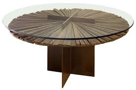 Boasting a colorful, weathered palette with unique grain patterns. Contemporary Table Mandala Rotsen Furniture Glass Round In Reclaimed Material