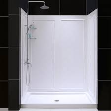 The dreamline french corner sliding shower enclosure is a perfect complement to a modern industrial bathroom style with a european vibe. Dreamline Dreamline 32 In D X 60 In W X 76 3 4 In H Center Drain Acrylic Shower Base And Qwall 5 Backwall Kit In White In The Shower Stalls Enclosures Department At Lowes Com
