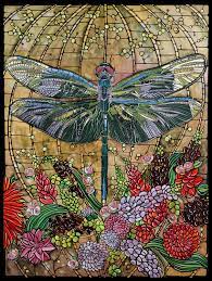 Dragonfly Original Painting Large Art Nouveau Stained Glass Style Canvas Painting Dragonfly With Flowers Dragonfly Art Nouveau Art Stained Dragonfly Art