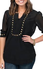 Black And Gold Tops Ladies Angie Women S Black With Gold Studs 3 4 Sleeve Peasant Top Tops Ladies Western Shirts Fashion