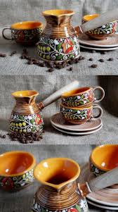 Orange Turkish Coffee Set Ceramic Consist Of Coffee Pot And Two Coffee Cups And Saucers Orange Ceramica Artesanal Artesanias De Ceramica Alfareria De Ceramica