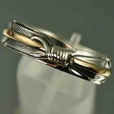 Native American Gold Silver Feather Wedding Band Ring Wedding Ring Bands Mens Wedding Bands Unique Feather Wedding Band