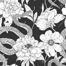 Whether they are combined with roses, skulls, and daggers in the traditional american style, or used a part of elaborate floral, combined with a mandala, feather, moon, phoenix, or geometric tattoo art, they are a flexible element with a rich symbolicism. Snakes And Flowers Tattoo Art Coloring Books Vintage Seamless Royalty Free Cliparts Vectors And Stock Illustration Image 52783016