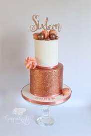 Chocolate birthday cake with golden happy birthday sign. Rose Gold Sweet Sixteen Two Tier Cake Sweet 16 Birthday Cake Birthday Cake Roses 16 Birthday Cake
