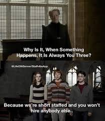 Why Is It When Something Happens It S Always You Three Meme We Re Short Staffed Harry Potter Jokes Harry Potter Memes Hilarious Harry Potter Funny