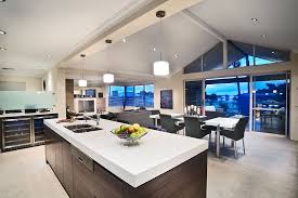 Raked Ceilings Adds A Sense Of Space And Opens Up This Already Open Floor Plan Open Plan Kitchen Living Room Raked Ceiling House Design