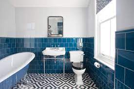 The enhanced softness and unique stylishness of thick velvet microfiber chenille fabric are sure to add a touch of elegance to your bathroom. Blue Tiled Main Bathroom With Slipper Bath And Geometric Flooring Hove Klassisch Badezimmer Sussex Von The Brighton Bathroom Company Houzz