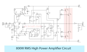 This is the circuit diagram of 2000w class ab power amplifier uses 7 pairs mj15003 and mj15004 transistors for the final amplification block. 800w High Power Amplifier Circuit Electronic Circuit