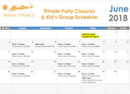 Private Party and Kids Groups Schedule - June 2018 - Mortons Warm Springs