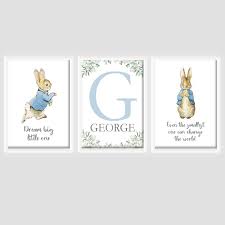 I've never been big on any cutesy cartoon characters (mickey mouse etc.) but i've always loved the classic look and idea of the beatrix potter tales. Baby Boys Peter Rabbit Nursery Prints Personalised Cloud Nine Treasures