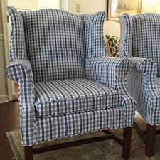 High chair cover shopping cart cover for boy or girl. Checked Wing Chairs In Shades Of Blue Blue Chairs Living Room Slipcovers Furniture Slipcovers