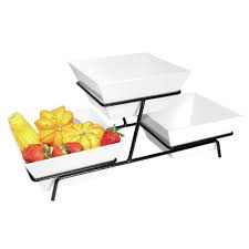 This tiered stand has three tiers serving tower. 3 Tier Serving Stand With 3 Square Bowls 25 L X 9 1 4 W X 11 1 2 H