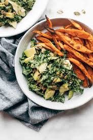 Avocado Kale Caesar Salad Sweet Potato Fries Pinch Of Yum Recipe Healthy Recipes Kale Caesar Salad Vegetarian Recipes