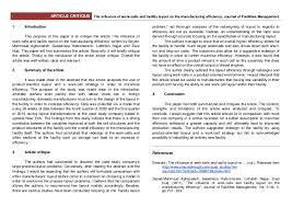 Its primary purpose is to give both a detailed and systematic assessment of the article`s various elements while evaluating the author`s progress in. Article Critique On Operation Management Study
