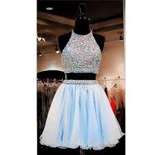 Fashion A Line Halter Two Piece Short Light Blue Tulle Beaded Prom Dress Homcoming Dresses Two Piece Homecoming Dress Homecoming Dresses