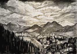 Black and white ink drawing, stylized hand drawn sketch. Black And White Landscape Drawing By Viktoria Dimitrova