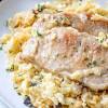 The photos of the finished cream of mushroom pork chops scattered throughout this post show this dish made with canned mushrooms, dried minced onion, and dried minced garlic; 1