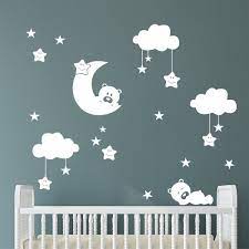 Nursery Wall Decal Sleepy Bears Moon Cloud Stars Mural Kit Nursery Wall Decals Baby Room Decor Vinyl Wall Lettering