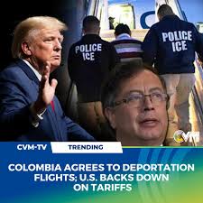 A looming trade war between the United States and Colombia appears to have  been averted after the Colombian government agreed to allow US military  flights carrying deported migrants to land. The spat