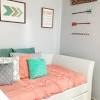 This teal bedroom ideas relies on beige, pastel, and coral colors which fashions a clean, pearly look for the room. 1