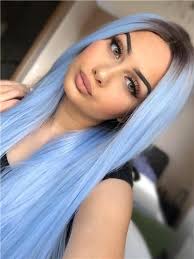 Long Light Cerulean Bright Blue Straight Synthetic Lace Front Wig Blue Hair Highlights Blonde Hair With Highlights Brown Hair Blue Eyes