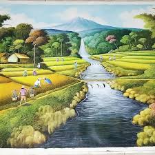 Senang sekali melukis pemandangan alam seperti ini yang merupakan ciri khas indonesia, yang bertemakan panen raya padi yang banyak diminati atau. Lukisan Pemandangan Dengan Air Terjun Yang Indah Shopee Indonesia