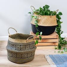 Available in three sizes, this set of baskets provides endless storage options for any room of the house, and the hinged lid keeps contents out of sight. Honey Can Do Natural And Black Folding Seagrass Belly Baskets Set Of 2 Sto 08751 The Home Depot