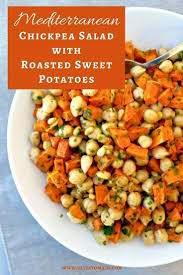Mediterranean Chickpea Salad With Roasted Sweet Potatoes Recipe Mediterranean Chickpea Salad Salad With Sweet Potato Mediterranean Diet Recipes