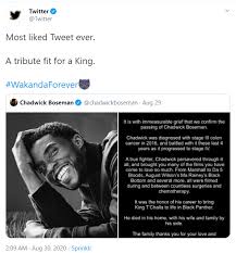 The beloved black panther star was only 43 at the time of his death. Last Post From Chadwick Boseman S Twitter Account Becomes Most Liked Tweet Ever Ani Bw Businessworld