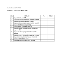 Sebagai satu daripada usaha berterusan kami untuk menyediakan perkhidmatan terbaik kepada pelanggan, isn amat menghargai sekiranya pihak tuan/puan dapat meluangkan sedikit masa mengisi. Soal Selidik Ponteng
